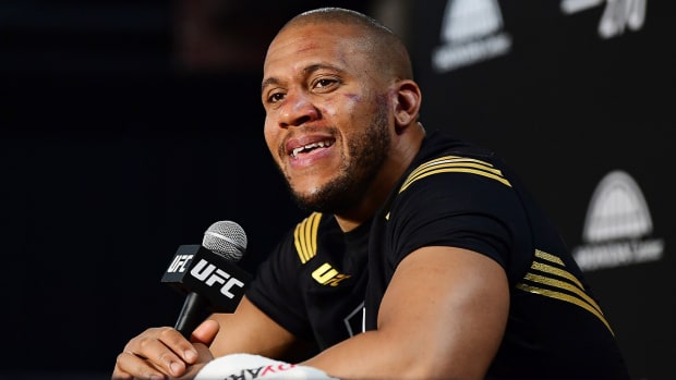 Jan 22, 2022; Anaheim, California, USA; Ciryl Gane speaks with media following UFC 270 at Honda Center.